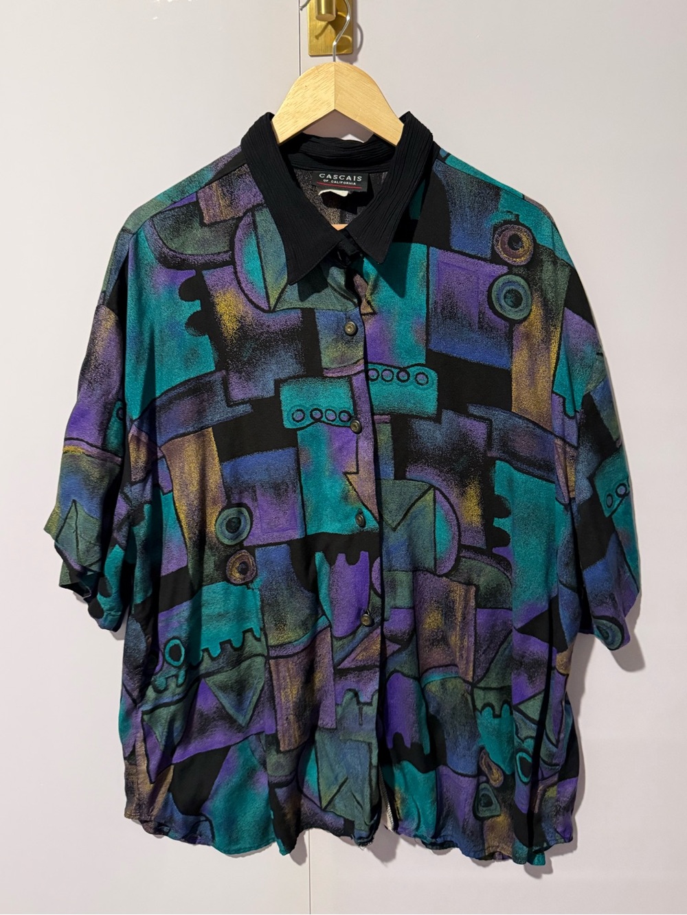 Cascais Vintage 3X 80s Shirt Blouse Top Short Sleeve Teal Purple Abstract